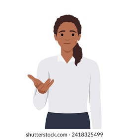 Young woman standing and talking with hand gesture trying to convict. Ask people to join. Flat vector illustration isolated on white background