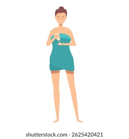 Young woman is standing in a towel, applying lotion to her skin for soft and healthy skin