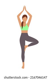 Young woman standing in tree asana or Vrikshasana on a white background. Vector illustration in flat style