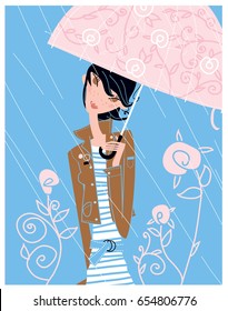 Young Woman standing under umbrella. Vector illustration. Aquarius girl zodiac horoscope sign.
