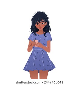 Young woman is standing and using her smartphone. Character is holding a mobile phone in her hands, surfing internet and chatting. isolated vector illustration on white background.
