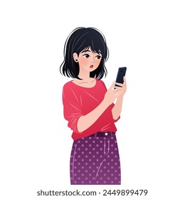 Young woman is standing and using her smartphone. Character is holding a mobile phone in her hands, surfing internet and chatting. isolated vector illustration on white background.