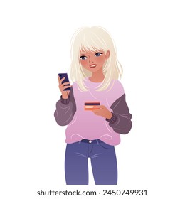 Young woman is standing and using her smartphone. Character is holding a mobile phone and paying for purchases in online store using a credit card. isolated vector illustration on white background.
