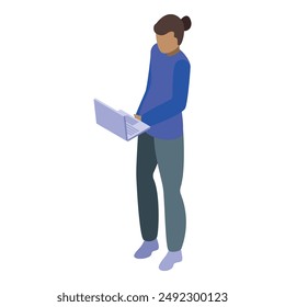 Young woman is standing and using a laptop computer in this isometric icon illustration