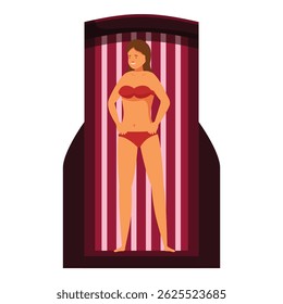Jovem mulher de pé em um solário vertical, desfrutando de luz solar artificial para um bronzeado perfeito