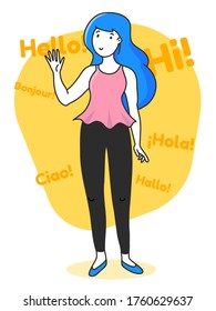 Young woman standing, waving and saying hello. Bright colourful illustration in cartoon style. Hello in different languages on background