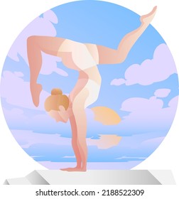Young woman standing in yoga and meditation posture. The girl performs aerobics exercises and morning meditation at mountain and sky background. Vector illustration