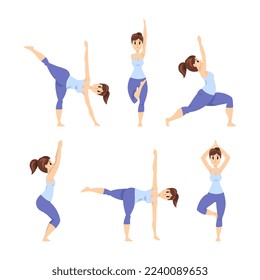 Young Woman Standing in Yoga Pose and Asana Practicing and Stretching Vector Set