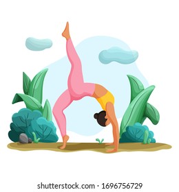 Young woman standing in yoga position,  surrounded by plants. Three-Legged Dog or Eka Pada Adho Mukha Svanasana. Vector illustration.