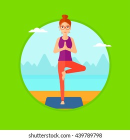 Young woman standing in yoga tree position. Woman meditating in yoga tree position on the beach. Man doing yoga on nature. Vector flat design illustration in the circle isolated on background.