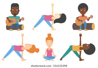 Young woman standing in yoga triangle pose. Woman meditating in yoga triangle position. Woman doing yoga. Woman practicing yoga. Set of vector flat design illustrations isolated on white background.