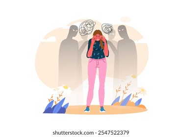 A young woman stands amidst flowers, appearing stressed with shadowy figures behind her. This image represents inner turmoil and anxiety. Vector illustration