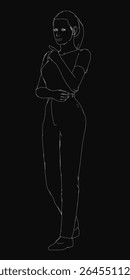 A young woman stands with arms crossed, deep in thought, illustrated in clean black and white line art. The stark black background emphasizes her contemplative pose, highlighting simplicity