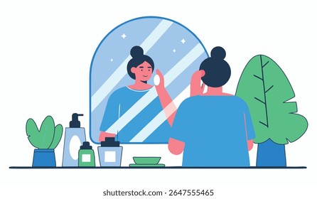 A young woman stands before a mirror, applying skincare with a cotton pad.  She's surrounded by various beauty products and plants, creating a calming and serene atmosphere in her bathroom.