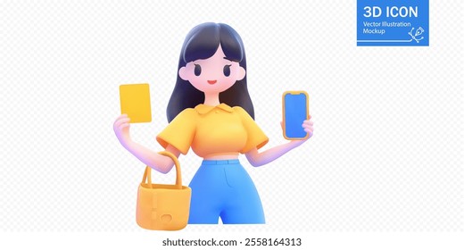 A young woman stands confidently, holding a smartphone in one hand and a card in the other, wearing a yellow top and blue jeans. She has a cute handbag for a fashionable touch.