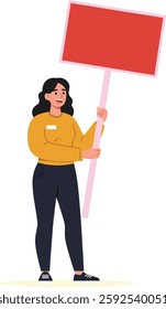 A young woman stands confidently, holding a red sign, dressed in a yellow sweater and black pants, embodying a spirit of activism and empowerment.