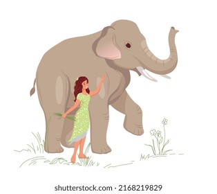 A young woman stands with an elephant, walks and feeds grass to a large elephant. Flat style, cute cartoon girl and animal friends, wild mammals, characters from games or books.  Vector illustration