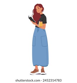 Mujer Joven De Pie, Inmersa En El Libro, Sus Ojos Rastreando Las Páginas Con Intensidad, Perdida En El Mundo De Las Palabras. Estudiar el carácter femenino, preparar el examen o disfrutar de la afición. Ilustración vectorial de Personas de dibujos animados