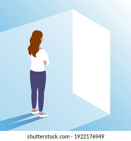 A young woman stands in front of an open door. Makes a choice and makes a decision. Ahead of new opportunities and work. Vector illustration.