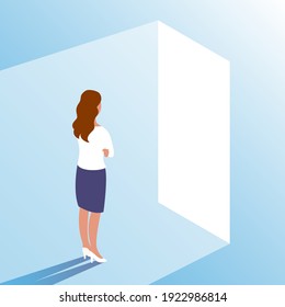 A young woman stands in front of an open door. Makes a choice and makes a decision. Ahead of new opportunities and work. Vector illustration