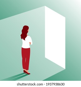 A young woman stands in front of an open door. Makes a choice and makes a decision. Ahead of new opportunities and work. Vector isometric illustration