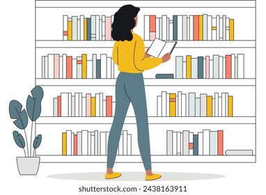 A young woman stands in front of a stack of books. Vector flat concept of library, learning, exam preparation. The girl is holding a book in her hands and reading. Home library, self-development.