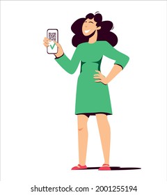 A young woman stands in full growth and shows an application with a QR code. Electronic confirmation. Coud be used as a vaccination certificate. Vector illustration on white background.
