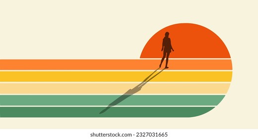 A young woman stands in a graphic sunset setting isolated on the background in this illustration about vision, the future, thoughtfulness, isolation and many other possible themes.