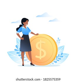 A young woman stands near a dollar coin. Earning, saving and investing money. Vector illustration for website, banner