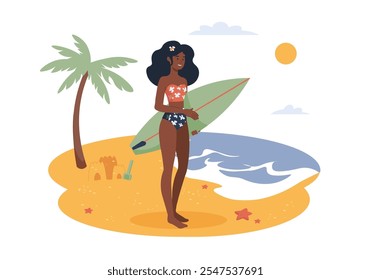 Uma jovem mulher fica na praia segurando uma prancha de surf, pronta para se divertir ao sol. Palmeiras, castelo de areia e ondas do oceano são visíveis. Ilustração vetorial