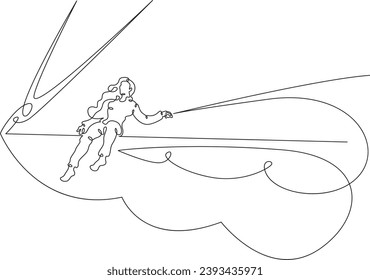 A young woman stands on the bow of the ship. Man on the deck of a yacht. Sailor on a boat at sea.One continuous line drawing. Linear. Hand drawn, white background. One line.