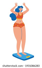 Young woman stands on scales. The girl is dissatisfied with her weight Excess weight problems. Person uses equipment, device to measure kilograms. Female cartoon character on white background