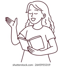 Jovem mulher de pé com livro aberto na mão, sorrindo e gesticulando com palma levantada. Representa leitura pacífica, foco, alegria da literatura e amor pelo aprendizado