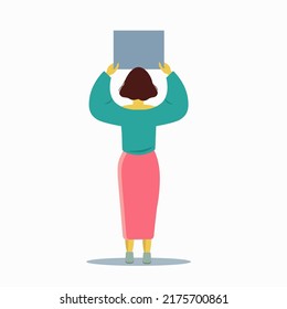 A young woman stands with a poster. View from the back. Flat design colorful illustration isolated on white background.