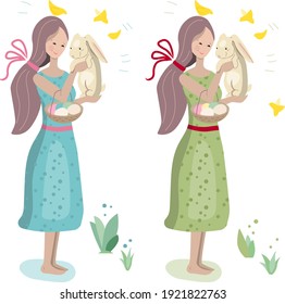 Young woman stands with pretty rabbit. Illustration can be used for festive and Easter design.