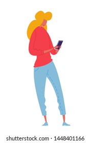 A young woman stands with a smartphone in her hands. Vector illustration of a young lady in nice red and blue clothes.