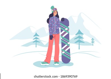 Young woman stands with a snowboard. Snow and mountains in the background. Winter sport theme. Cartoon character isolated. Flat vector illustration.