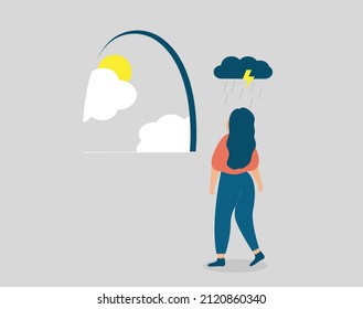 Young woman stands under a rainy cloud and looks at the sunlight through a window. Adolescent Female wants to get rid of anxiety. Psychological problems, mental health disorders concept. Vector stock.