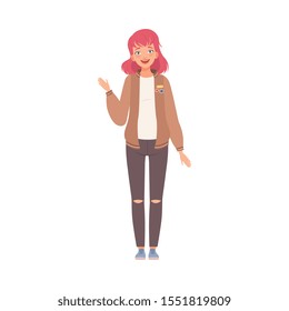 Young Woman Stands Waving With Hand Smiling Flat Vector Illustration
