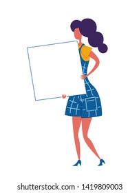 A young woman stands with a white blank banner in her hands. Vector illustration of a lady in trendy blue clothes.