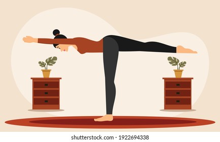 The young woman stands in a yoga posture and meditates in the room. young women do aerobic exercises and morning meditation at home. Physical and spiritual practice. Vector illustration in flat cartoo