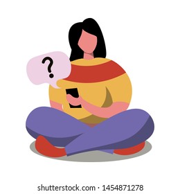 Young woman stay at room floor receive question sms
