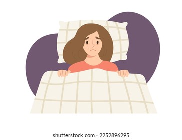 Young woman stay wake up at night isolated on white background. Concept of insomnia, sleepless, anxiety, mental health issue. Flat vector illustration cartoon character.