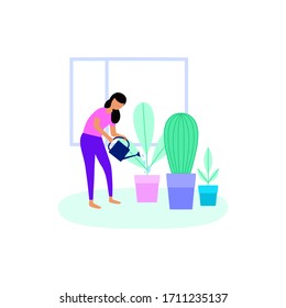 Young woman stayed in quarantine at home. Vector illustration in a flat style