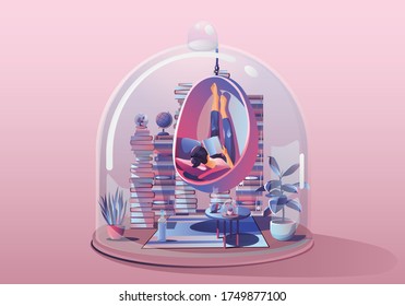Young Woman Staying at home. relaxing and reading a book. Surrounded by books and plants. Miniature house. Stay home and stay safe with social distancing. Quarantine concept Vector Illustration