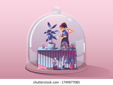 Young Woman Staying at home. watering the plants. Surrounded by many plants. Miniature house. Stay home and stay safe with social distancing. Quarantine concept COVID-19 Vector Illustration