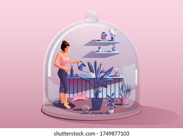 Young Woman Staying at home. watering the plants. Surrounded by many plants. Miniature house. Stay home and stay safe with social distancing. Quarantine concept COVID-19 Vector Illustration