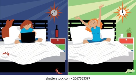 Young woman staying late on her computer vs waking up early in the morning, EPS 8 vector illustration