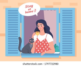 Young woman stays at home funny cartoon vector illustration
