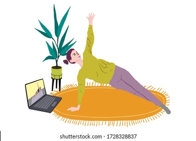 Young woman stays in side plank.Girl practices yoga in room.Home fitness concept.Online fitness training.Laptop with trainer on screen and character repeats exercises on the carpet.Flat style vector.